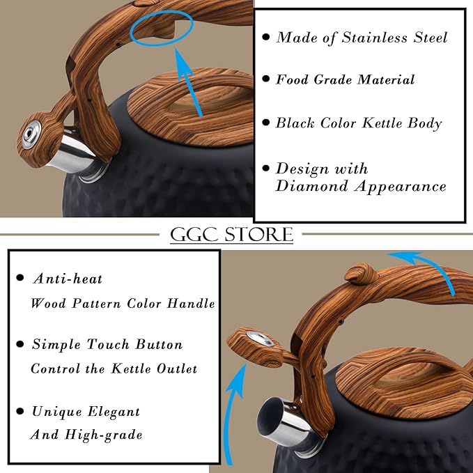 GGC Tea Kettle for Stove Top, Loud Whistling Kettle for Boiling Water Coffee or Milk, 3.1 Quart 3L Heavy Stainless Steel Black Kettle with Wood Pattern Handle, Unique Button Control Kettle Outlet - Bloomnest