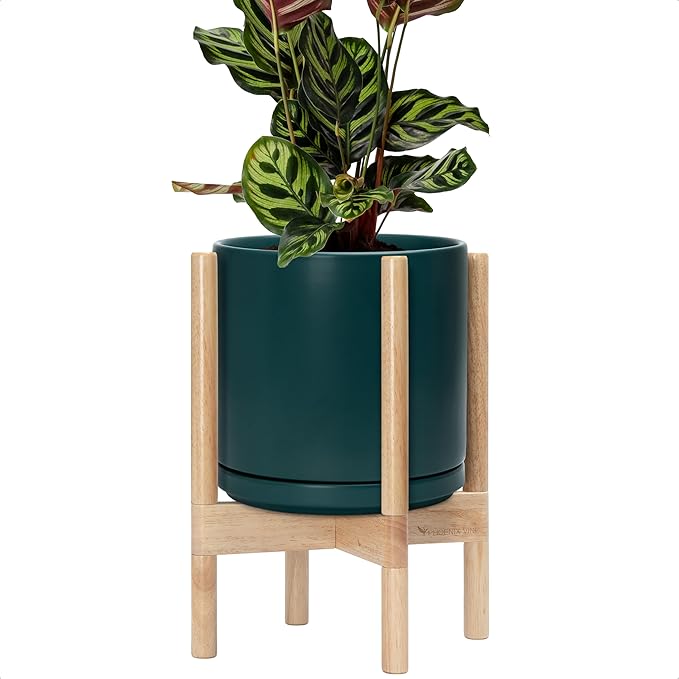 D'vine Dev Ceramic Planter with Natural Stand - 10 Inch Modern Round Flower Pot with Wood Planter Holder, Teal, 55-B-K-4 - Bloomnest