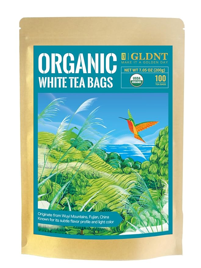 GLDNT Organic White Tea Bags, Natural Premium Organic White Tea, Mellow & Delicate Taste, Caffeinated, 100 Count - Bloomnest