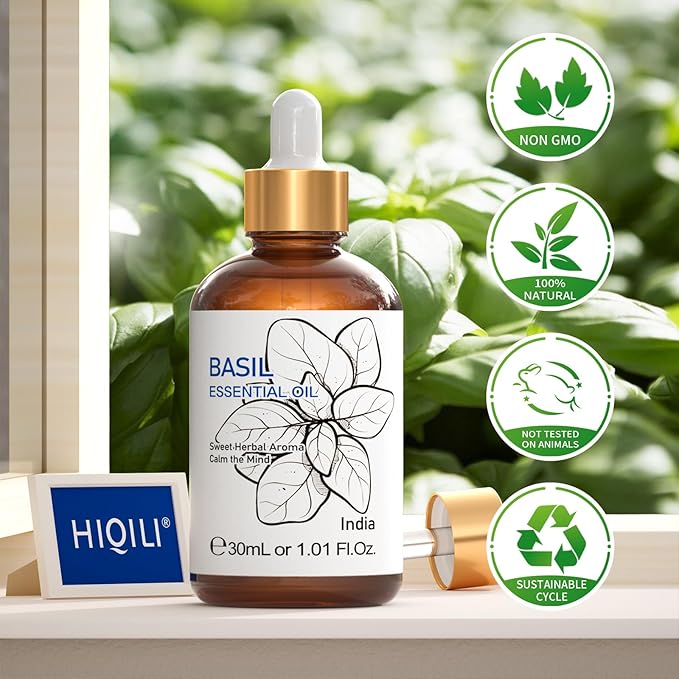 HIQILI 1 Fl Oz Basil Essential Oil, 100% Pure Undiluted for Skin, Diffuser - 30ml - Bloomnest