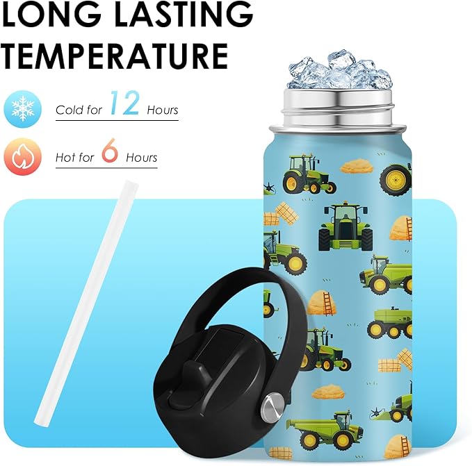 Car Gifts for Boy Girls - 16oz Kids Water Bottle with Straw, Tractor Stainless Steel Water Bottles Insulated, BPA-free, Leak-proof, Farm Tumbler, for School, Travel - Car Lovers Chlidren Gift Cup(1pc) - Bloomnest