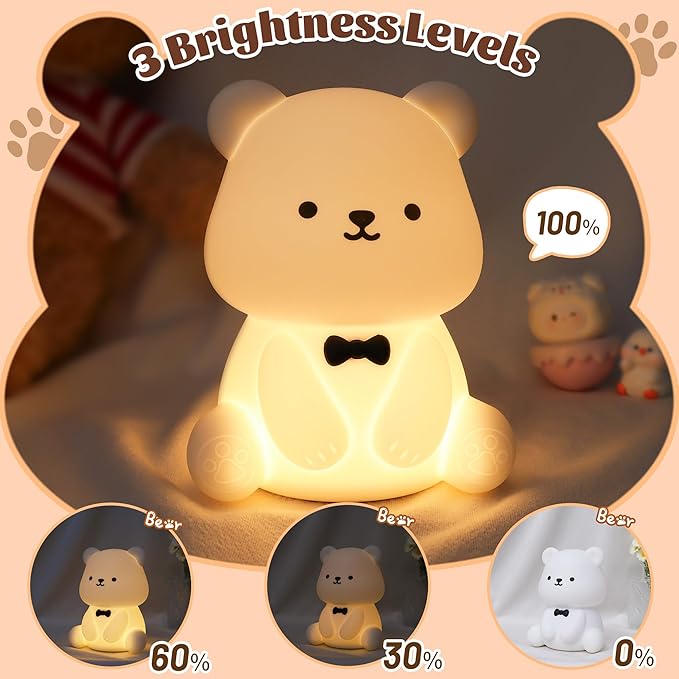 Attivolife Teddy Bear Night Light for Kids, Baby Nursery Beside Silicone Lamp, Protable USB Rechargeable Kids' Bedroom Nightlight with 8 Color Lights, Birthday Christmas Gifts for Girl Boy Children - Bloomnest