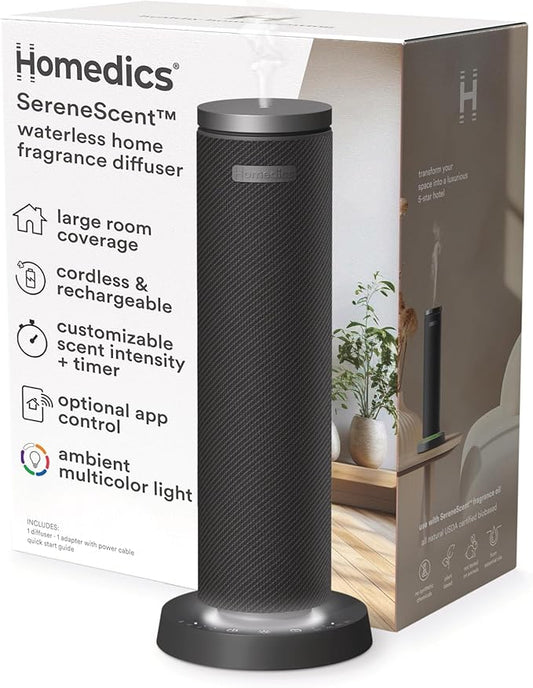 Homedics SereneScent Fabric Rechargeable Waterless Diffuser, Use with Homedics SereneScent Oil 120ml (Sold Separately) Cordless Aromatherapy, Adjustable Mist & Timer, 6 Calming Lights, Black - Bloomnest