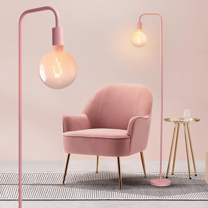 ONEWISH Pink Floor Lamp for Bedroom, Cute Standing Lamp with LED Bulb, Translucent Pink Globe Glass 2700k Warm Lighting. Globe Floor Lamp for Livingroom, Bedroom,Office - Bloomnest