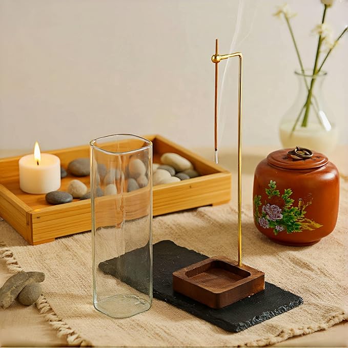 Incense Holder for Sticks with Ash Catcher - Wind Proof Hanging Design, 6x20cm Glass Tube & Spill-Proof Wood Base for 0-2.5mm Sticks, Meditation Yoga Decor (8.5x8.5cm Base) - Bloomnest