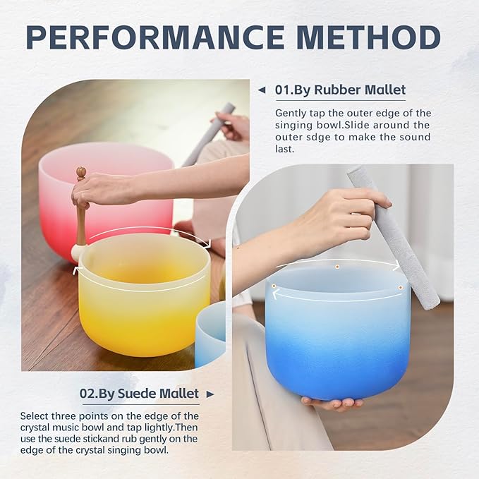 432HZ PCS Aria Gradient GEC Crystal Singing Bowl Set of 3, 8"G Throat, 10"E Solar Plexus, 12” Root with Case Suede Striker & O-Ring Sound Therapy for Reiki, Healing Energy - Bloomnest
