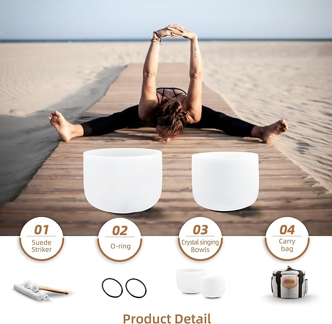 Ryan Dvan Crystal Singing Bowl Set of 2 7" G Note, 8" A Note with Case Suede Striker & O-Ring Sound Therapy for Yoga, Reiki, Chakra Healing Energy Tuning & Mindfulness Kit - Bloomnest