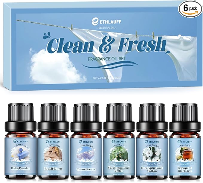 Clean Essential Oils Set, Laundry Collection Essential Oils Set, Pack of 6 Fragrance Oil for Diffuser for Home, Use with Wool Dryer Balls Scents - Fresh Linen, Clean Breeze, Eucalyptus and Cotton - Bloomnest