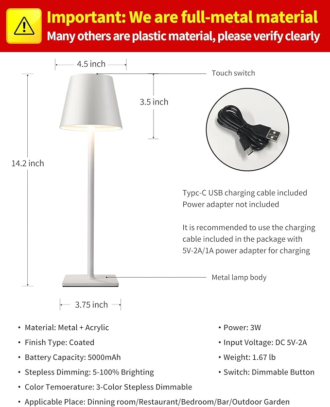 KDG 2 Pack Cordless Table Lamp, Portable LED Desk Lamp, 5000mAh Battery Operated, 3 Color Stepless Dimming Up, for Restaurant/Bedroom/Bars/Outdoor Party/Camping/Coffee Shop Night Light(White) - Bloomnest