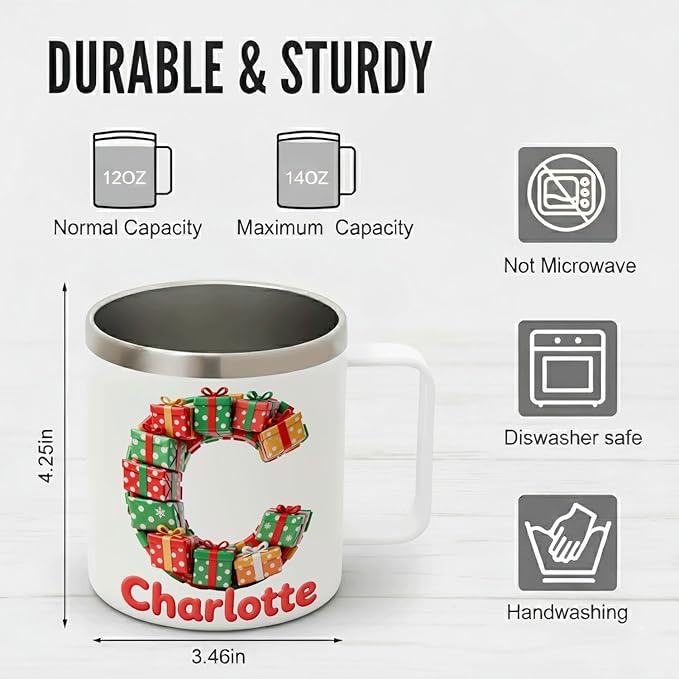 Personalized Christmas Mug with Name, 12oz Insulated Coffee Tumbler with Handle, Custom Present Initial Cup, Festive Holiday Xmas Gift for Women, Her (B06) - Bloomnest