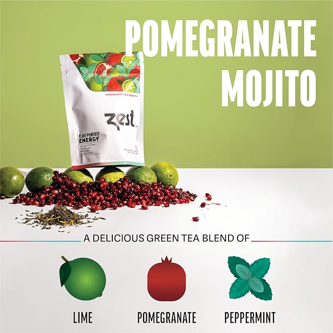 Zest Energy Green Tea – Pomegranate Mojito High Caffeine Tea Bags for Focus & Morning Energy – Natural Caffeinated Tea with 135mg Caffeine – Coffee Substitute – 20Ct Pack, Non-GMO & Keto Friendly - Bloomnest