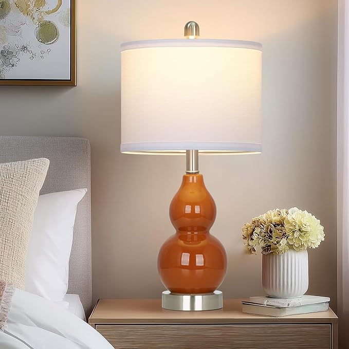 22" Modern Double Gourd Ceramic Table Lamps Set of 2, Red Bedside Lamps for Living Room, Contemporary Nightstand Desk Lamps for Bedroom End Table Home Office Decor(2 LED Bulbs Included) - Bloomnest