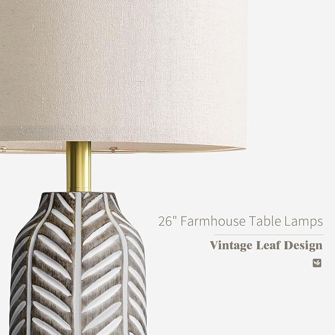 BOBOMOMO 26" Retro Farmhouse Lamps Set of 2 - Vintage Leaf Design, Living Room Lamps with Linen Shades, Rustic Resin Lamp for Bedroom, Living Room, Nightstand, Entryway, Nursery, Wood Grain - Bloomnest