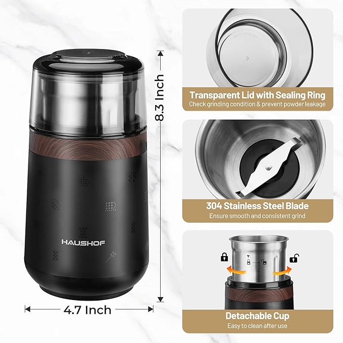 HAUSHOF Coffee Grinder Electric, One Touch Design, Spice, Herb, Grinder for Coffee Bean Spices and Seeds with 1 Removable Stainless Steel Bowl, Dry Grinder-Black - Bloomnest