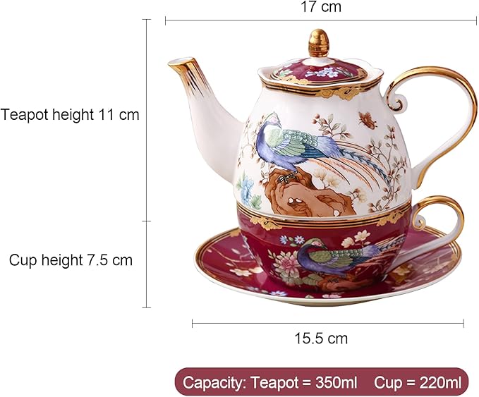 ACMLIFE Bone China Tea Set For One Teapot And Cup Set, Vintage Floral Tea Cup Set With Teapot and Saucer Set 12 Oz Bone China Teapot For One Set Red And White Gift Giving For Women (Fuchsia) - Bloomnest