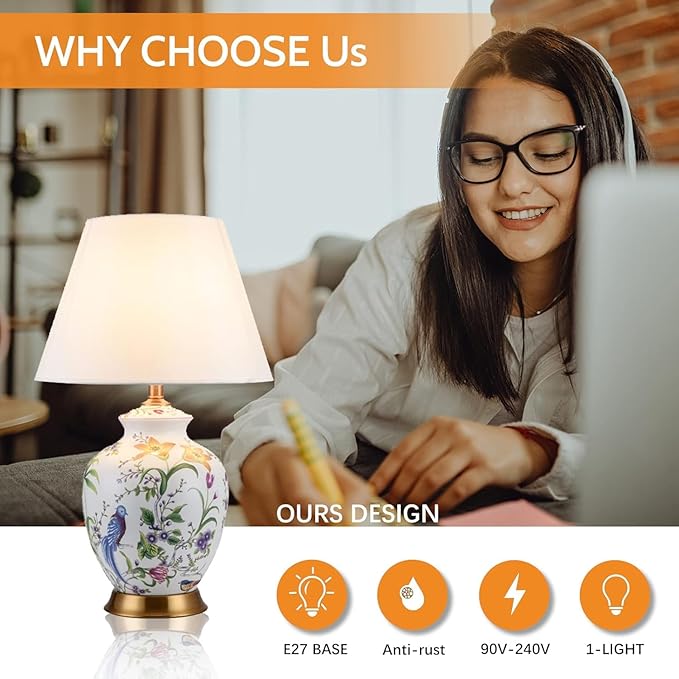 22.44' Flower and Bird Ceramic Table Lamp - White Chinoiserie Design for Bedroom, Living Room and More - Bloomnest