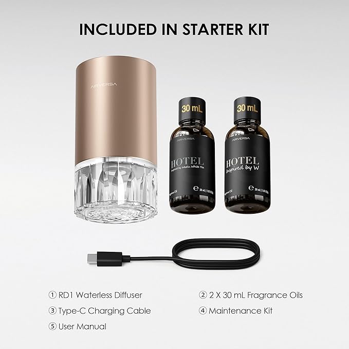 Airversa Waterless Essential Oil Diffuser Starter Kit with 2x30mL Hotel Scent Fragrance Oil for Home Room Desk Car, Battery Operated Scent Air Freshener Diffuser, 100mL Capacity, RD1 Kit Titanium - Bloomnest