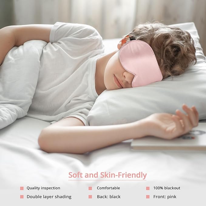 Kids Sleep Mask Eye Cover, 100% Real Natural Pure Silk Eye Mask with Adjustable Strap, Blindfold Kids Eye Mask for Sleeping, Eye Shade for Boys Girls and Adult, Pressure-Free Comfort (Pink) - Bloomnest