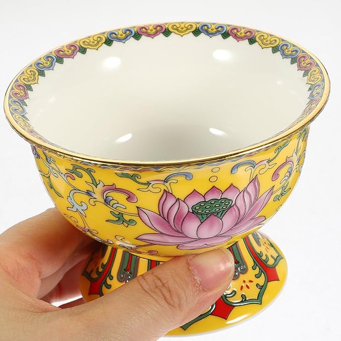 Garneck Singing Bowl Buddhist Antique Ceramic Lotus Carving Handmade Bowl Temple Desktop Ornament for Chakras Healing Meditation Zen Yellow - Bloomnest