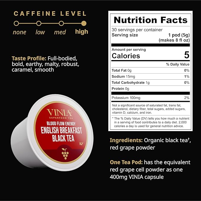 VINIA English Breakfast Black Tea K-Cup Pods, Made with Organic Tea, Infused with Piceid Resveratrol for Heart Health, Nitric Oxide, Physical Energy, Blood Flow, Keto, Kosher, NON-GMO. 30 Ct - Bloomnest