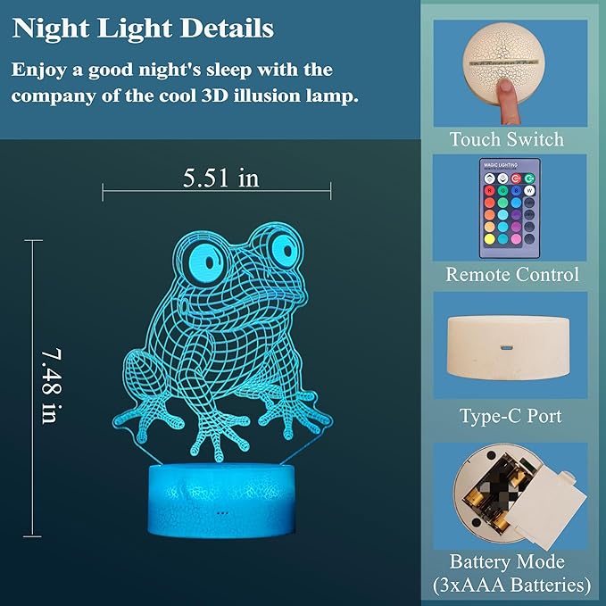 Cute Frog Night Light, Frog Gifts, Frog 3D Illusion Lamp with RGB 16 Colors Changing, Remote Control, Dimmable, Kids Room Decoration Baby's Light Room Decor Children Gifts - Bloomnest