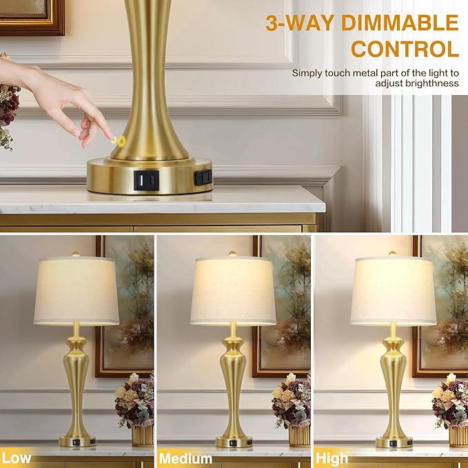 30" Gold Tall Table Lamps for Living Room, Touch Control Bedroom Lamp with USB A+C Ports and AC Outlet, 3-Way Dimmable Bedside Table Lamps Set of 2, Modern Metal Lamp for Nightstand - Bloomnest