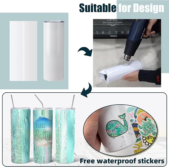 8 Pack 20 oz Sublimation Tumbler Set Double Walled Stainless Steel Skinny Straight Blank Tumbler Bulk with Lid, Straw, DIY Stickers Shrink Wrap, Rubber Base for Heat Transfer Heat Press - Bloomnest