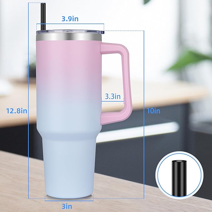 DOMICARE 40 oz Tumbler with Handle and Straw, Stainless Steel Tumbler with Lid and Straw, Reusable Vacuum Insulated Cup, Travel Coffee Mug, Dreamy Pink Blue, 1Pack - Bloomnest