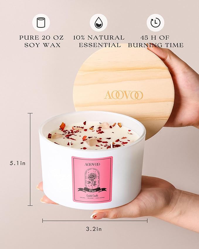 AOOVOO Rose Scented Candles for Women - 20oz 3 Wick Soy Candles for Home Scented, Aromatherapy Candle with Crystals Inside, Birthday Gifts Christmas Candle for Women Mom - Bloomnest