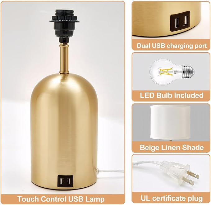GyroVu Bedside Lamp with USB Port, Touch Control Table Lamp for Bedroom 3 Way Dimmable Modern Nightstand Lamp with Fabric Shade Gold Base for Living Room, Dorm, Home Office, LED Bulb Included - Bloomnest