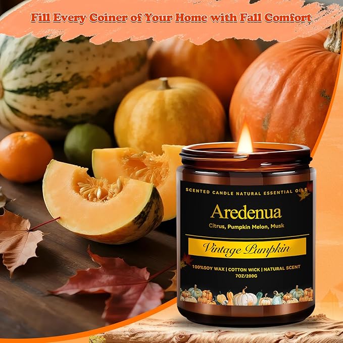 Fall Candles - Vintage Pumpkin Candle | Holiday Candles Pumpkin Scented, 7oz Autumn Soy Candle for Home Scented, 50 Hours Burn Time, Fall & Winter/Thanksgiving/Christmas Gifts for Women Men - Bloomnest