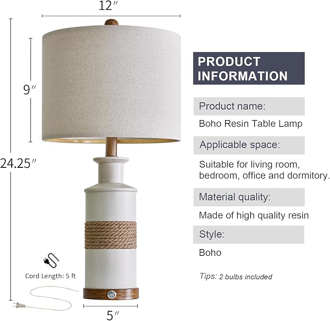 BOBOMOMO 24.5" USB A+C 3-Way Dimmable Touch Control Boho Table Lamp Set of 2 for Living Room Nightstand Beside Lamps for Bedroom(Include Two Bulbs) - Bloomnest