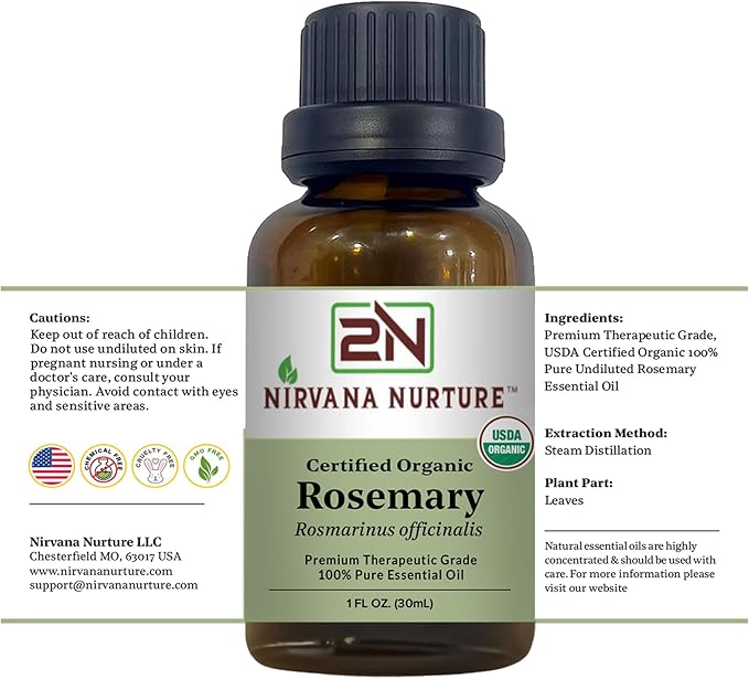 Rosemary Essential Oil, USDA Certified Organic, 100% Pure Undiluted, Aromatherapy Oil for Diffuser, Hair & Skin Care NirvanaNurture