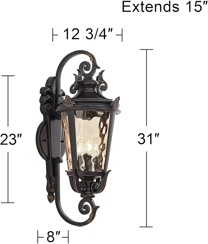 John Timberland Casa Marseille Vintage Outdoor Wall Light Fixture Veranda Bronze Scroll Frame 31" Champagne Hammered Glass for Exterior House Porch Patio Outside Deck Garage Yard Front Door - Bloomnest