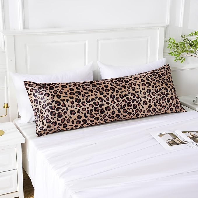 MR&HM Satin Body Pillow Cover, Soft and Breathable Body Pillow Case with Envelope Closure, Cooling and Silky Long Pillowcase for Hair and Skin,Grey (20x54, Brown Leopard) - Bloomnest