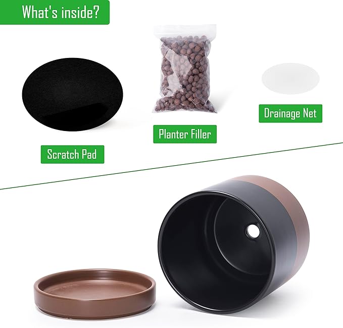D'vine Dev 4.7 Inch & 6.5 Inch Ceramic Planter Pots for Plants with Drainage Hole and Saucer, Small Plant Pots Set, Black/Speckled Tan, 94-G-S-7 - Bloomnest