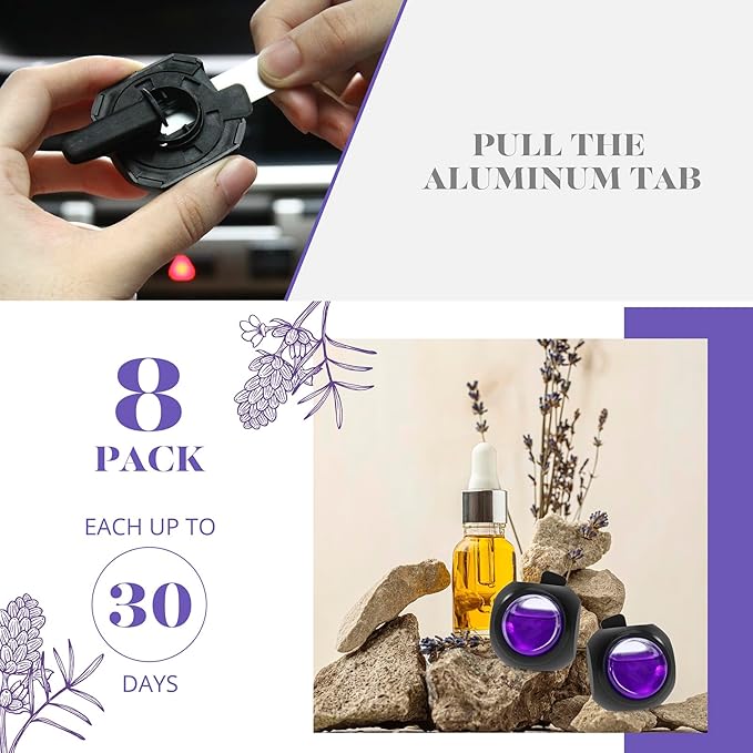 Car Air Freshener Vent Clips, 8 Pack, Provides Long-Lasting Scent, Up to 240 Days, Odor Eliminator (Lavender) - Bloomnest