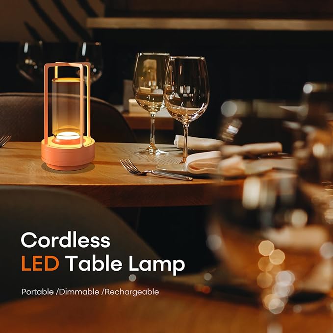 Portable Metal Table Lamp for Indoor/Outdoor ,Rechargeable Cordless LED Lamp, 3-Colour Infinitely Dimming Battery Powered Small Desk Lamp, Restaurant/Bedroom/Bar/Coffee Shop/Camping Light (Orange) - Bloomnest