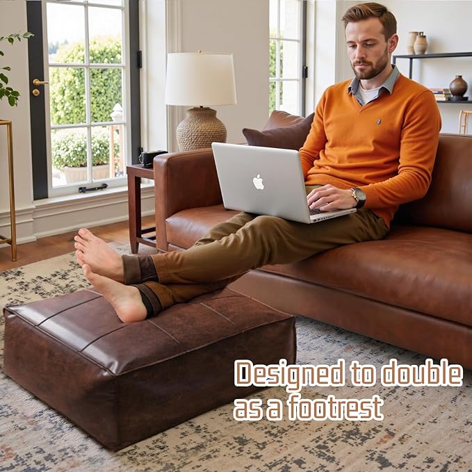 Vintage Leather Floor Cushion,Thick Square Floor Seating Ottoman, Waterproof Meditation Pillow for Adults, Portable Seat Cushion for Bedroom, Gaming, Office, Living Room (18x18x8 Inches) - Bloomnest