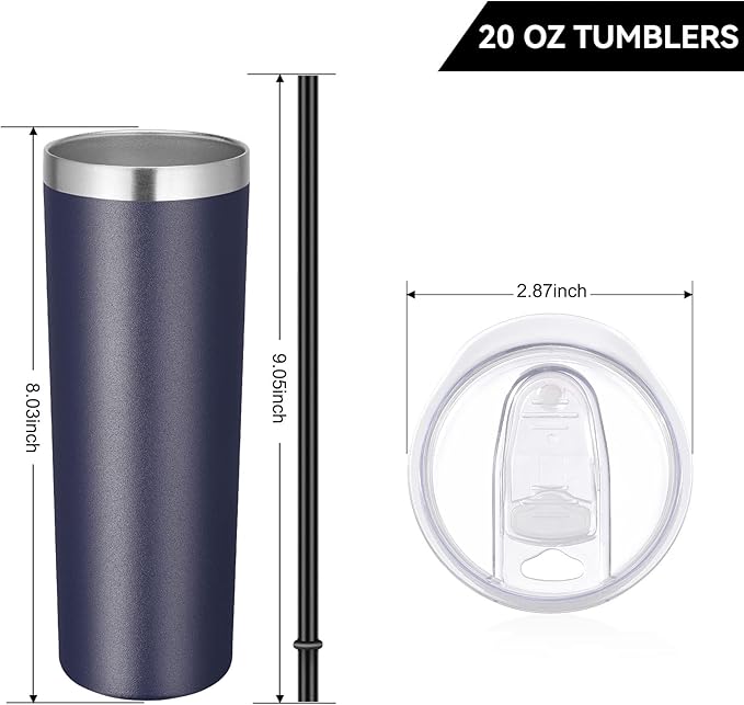 VEGOND Stainless Steel Tumblers Bulk 12 Pack, 20 oz Vacuum Insulated Skinny Tumblers with Lids and Straws, Double Wall Coffee Mug, Travel Water Cup, Navy Blue - Bloomnest