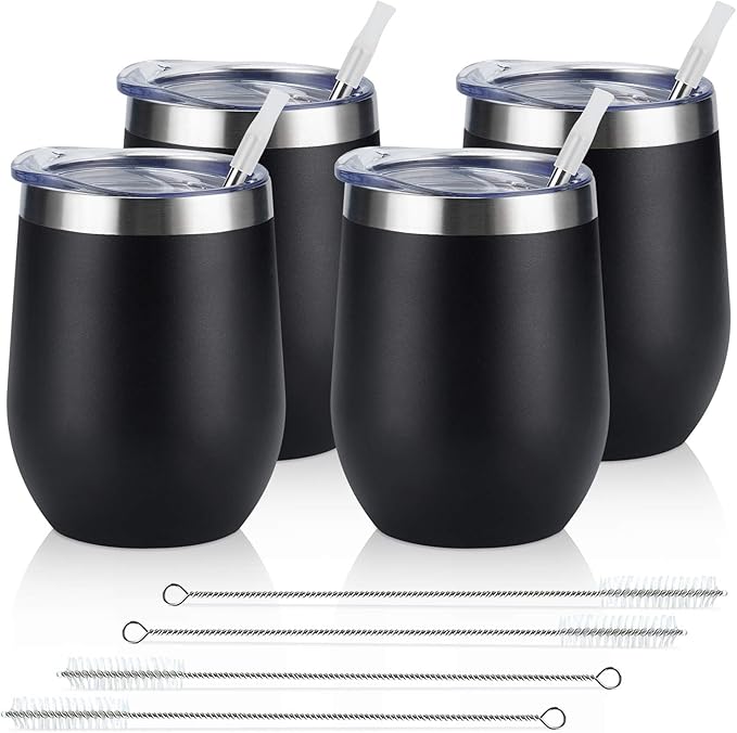 Lifecapido 4 Pack 12Oz Stainless Steel Stemless Wine Glasses, Insulated Wine Tumbler, Stainless Steel Wine Tumbler Cups with Lids and Straws for Coffee, Cocktails, Wine, Champaign, Black… - Bloomnest