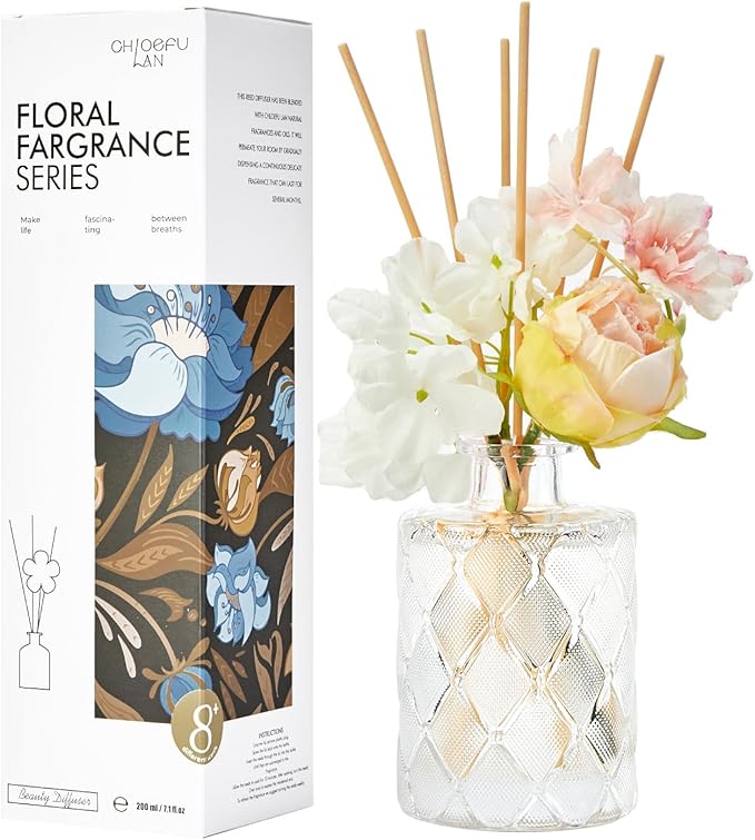 Chloefu Lan Creamy Vanilla Reéd Diffuser, Milky Coconut, 6.7 oz Flower Diffuser with Sticks, Modern Farmhouse Decor, Bathroom & Office Decor, Room Freshener - Bloomnest