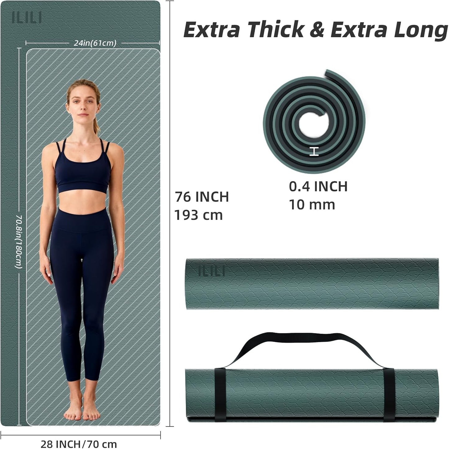 ILILI Yoga Mat 10mm Extra Thick and 193cm Extra Long, 76x28×0.4 Inch, Double Color Non-Slip TPE Material, Easy Carrying with Strap, Ideal for Yoga, Pilates, Floor Exercise, Home and Outdoor Use, Eco Friendly