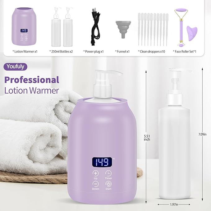 Yofuly Oil Warmer for Massage with Face Roller Set, Professional Oil Warmer Heater for Massage Therapy with Two Bottles, Purple Body Lotion Heated Dispenser and Gua Sha Tools, Gift for Women - Bloomnest