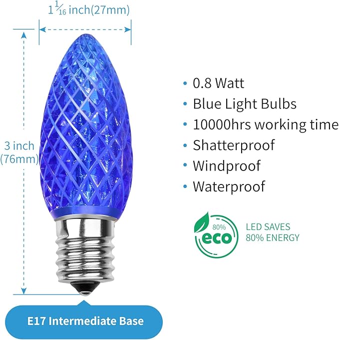 Meconard C9 Led Replacement Christmas Light Bulbs, C9 Shatterproof Led Bulbs for Christmas Indoor Outdoor String Lights, E17 Intermediate Base, Commercial Grade Holiday Bulbs, Blue, 25Pack - Bloomnest