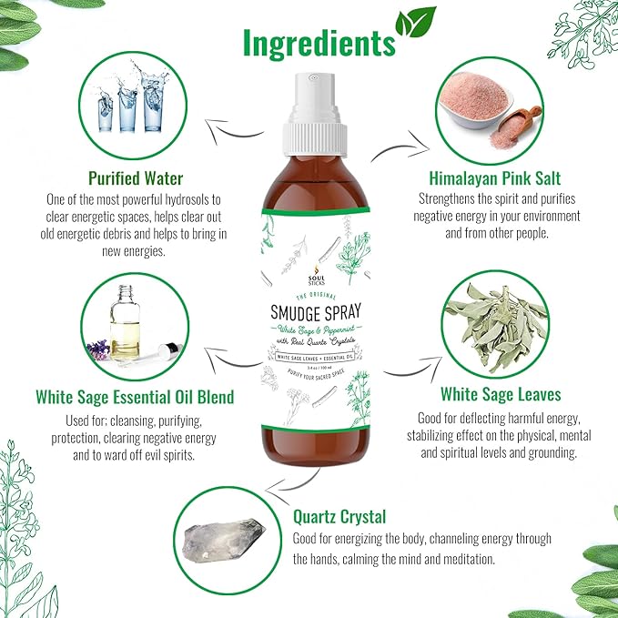 Soul Sticks Smudge Spray for Cleansing Negative Energy and Purifying Home | Made with White Sage and Quartz Crystals | 3.5 oz. Bottle (White Sage & Peppermint) SoulSticks