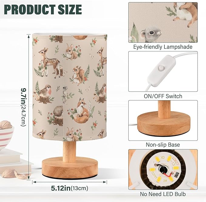 Table Lamp Watercolor Squirrel Mouse Fawn Fox Hare Hedgehog Forest Animal Nightstand Lamp with Wood Base Fabric Lamp Shade Bedside Desk Lamp for Living Room Bedroom Kids Room Office - Bloomnest