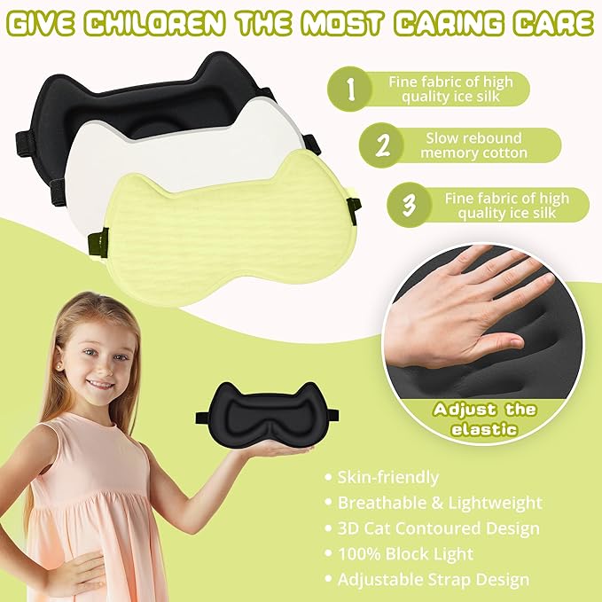 Kids Sleep Mask Eye Mask: 3D Contoured Cup Sleeping Masks, Blindfold with Adjustable Strap, Kids Eye Cover for Boys, Girls, Teens, Pressure-Free with Memory Foam Face Mask for Sleeping (Yellow) - Bloomnest