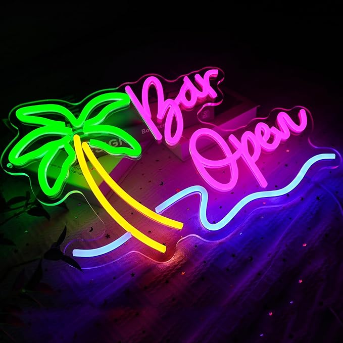 Bar Open Sign for Business, Neon Open Sign, USB Dimmable Palm Tree Neon Lights for Beer Bar Coffee Cafe Home Pub Man Cave Stores Hotel Party Window Wall Decor Restaurant - Bloomnest