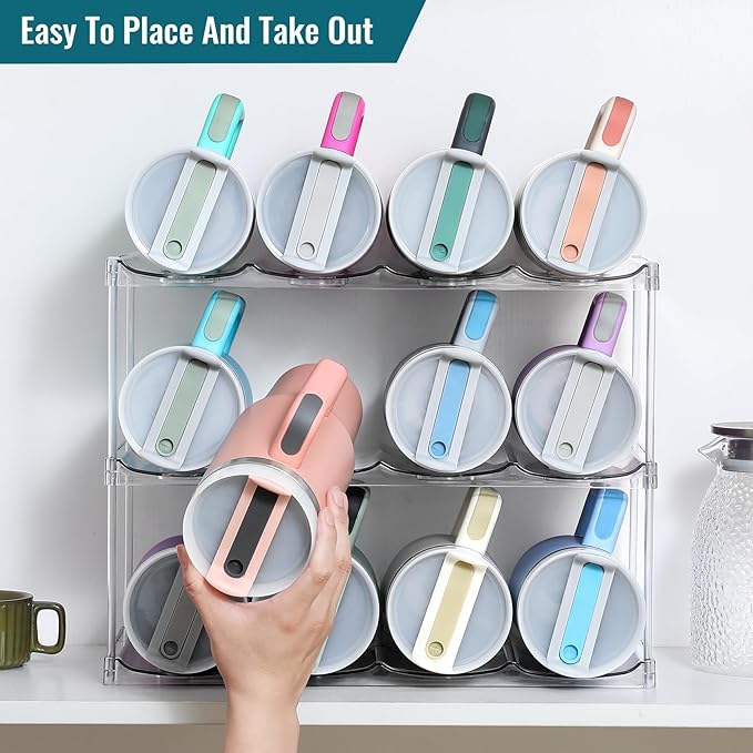 Design for Stanley 40 OZ & Large Bottles & Tumblers with Handle - Acrylic Water Bottle Organizer - Stackable Clear Wine Rack Cup Holder for Home Kitchen Pantry Shelf Countertop Cabinet, 3 Tier Hold 12 MakeLifeBetterEasier